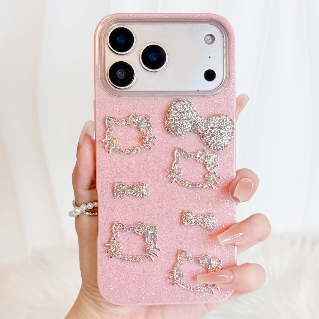 Sparkly 3D Rhinestone Cat Pink Phone Case with Cute Bow