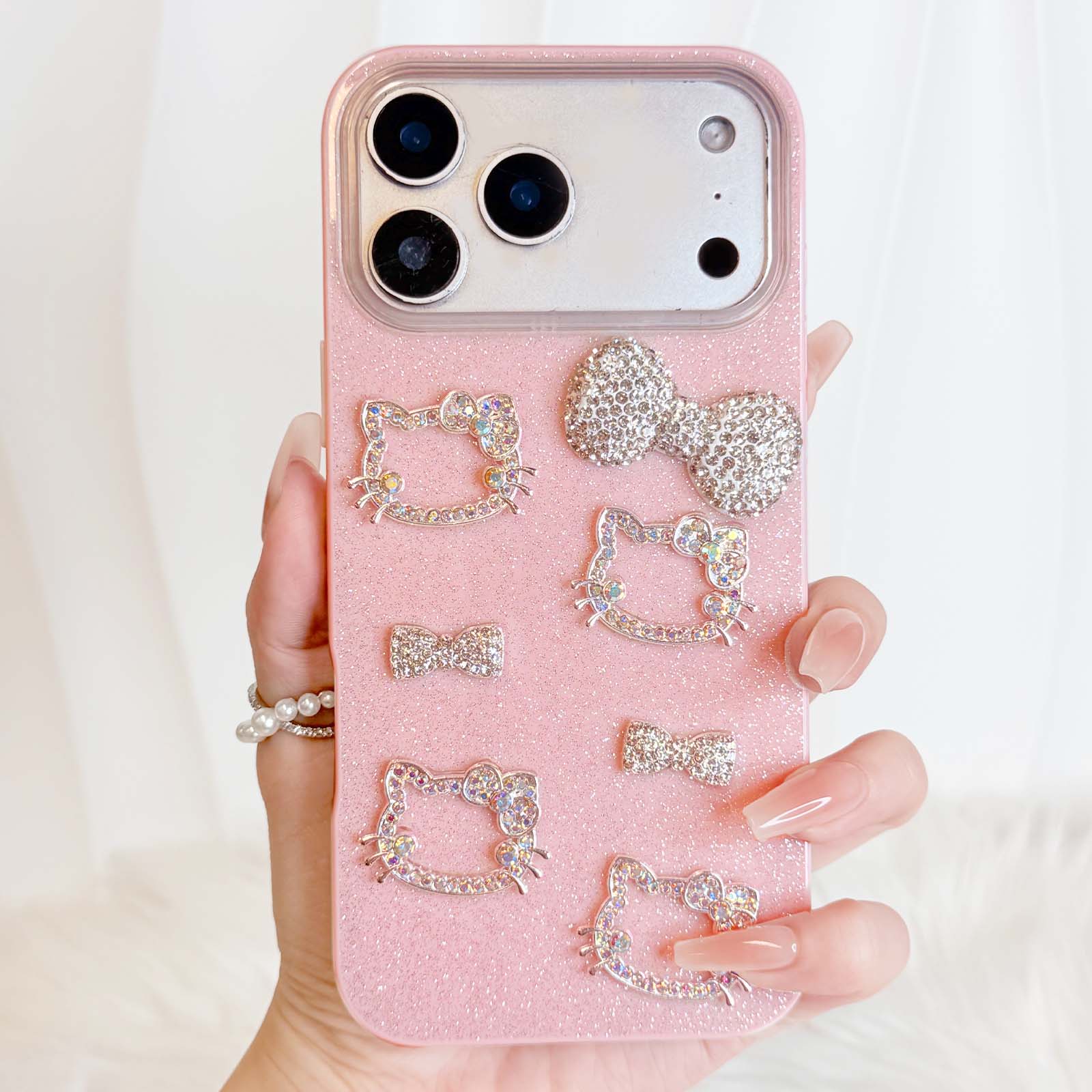 Sparkly 3D Rhinestone Cat Pink Phone Case with Cute Bow