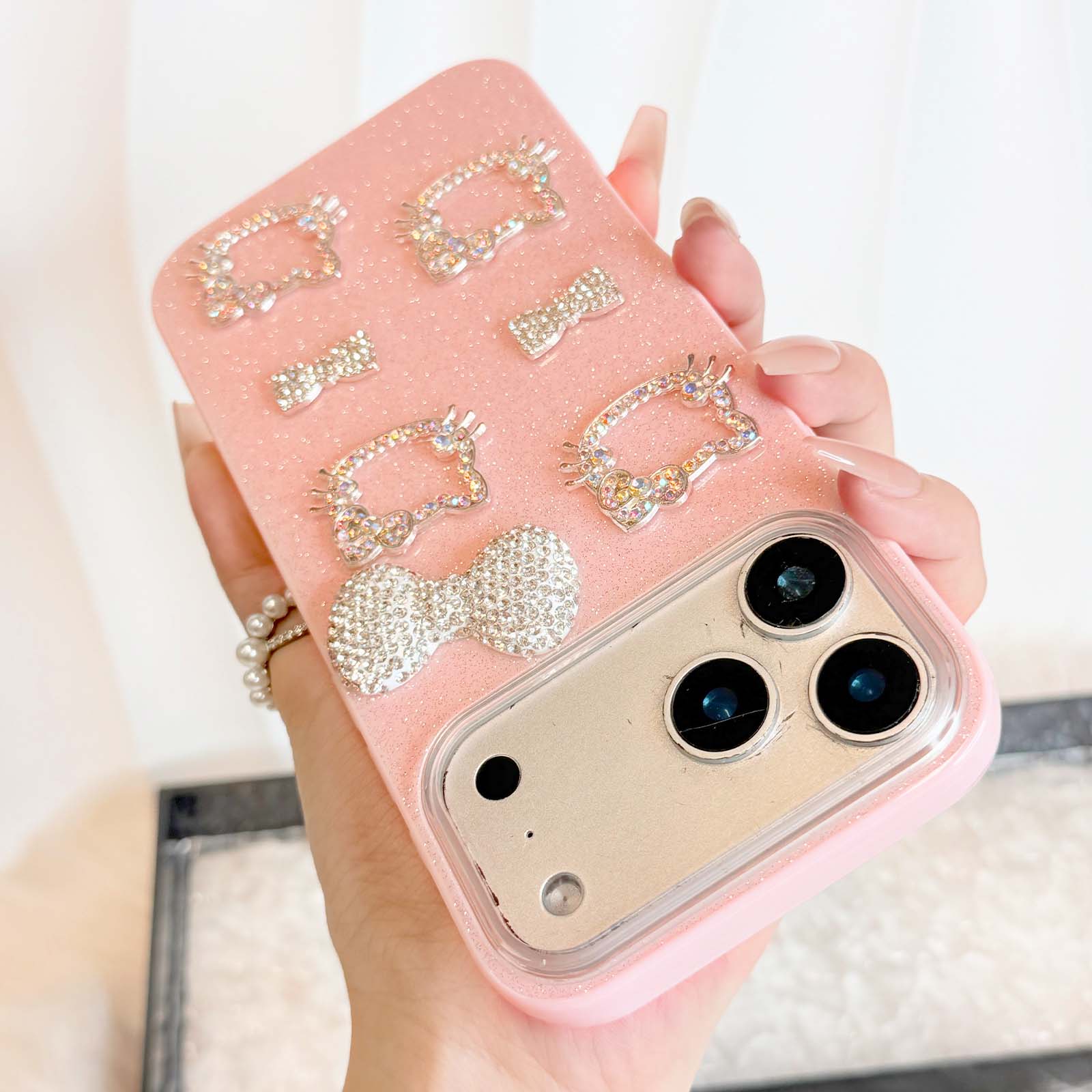 Sparkly 3D Rhinestone Cat Pink Phone Case with Cute Bow