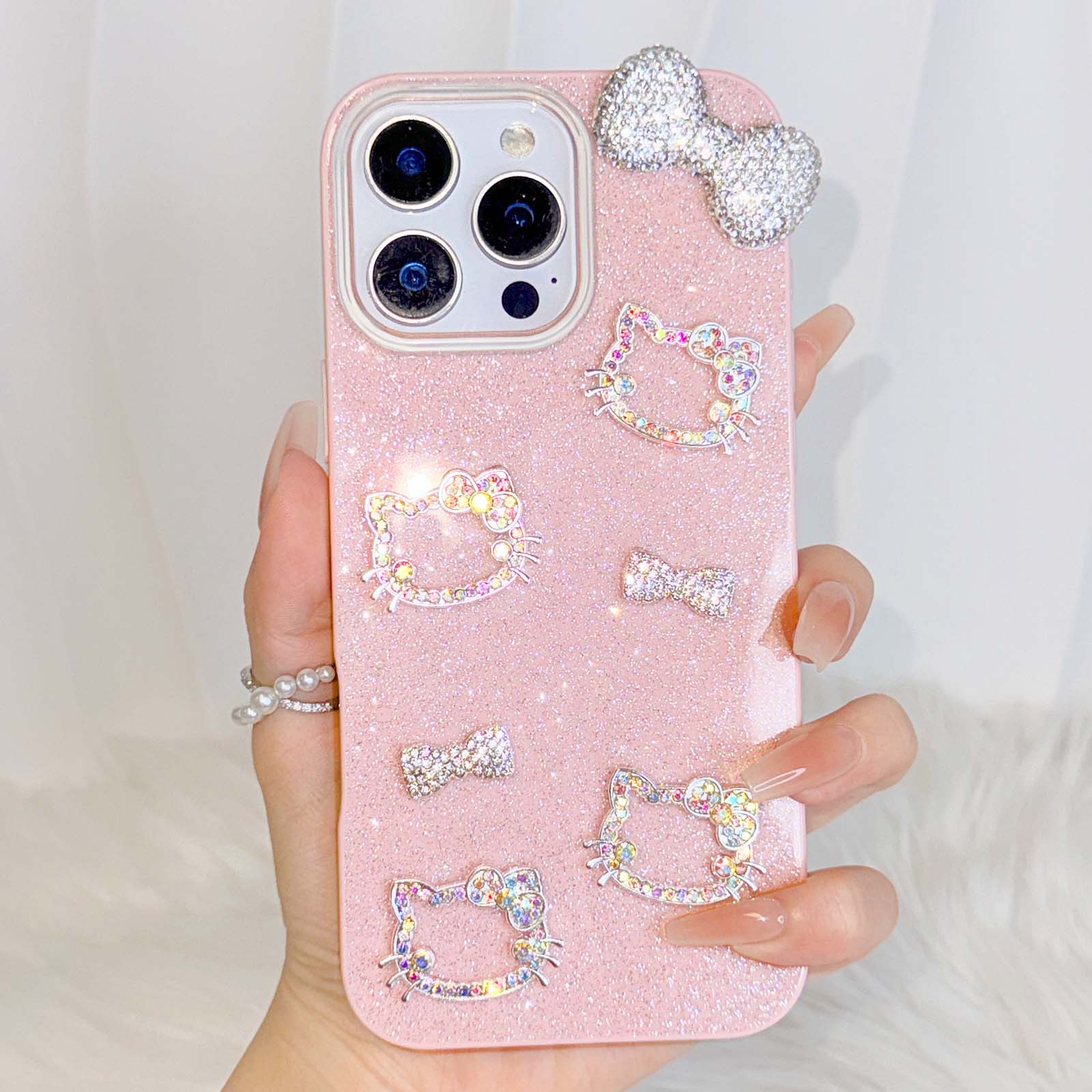 Sparkly 3D Rhinestone Cat Pink Phone Case with Cute Bow