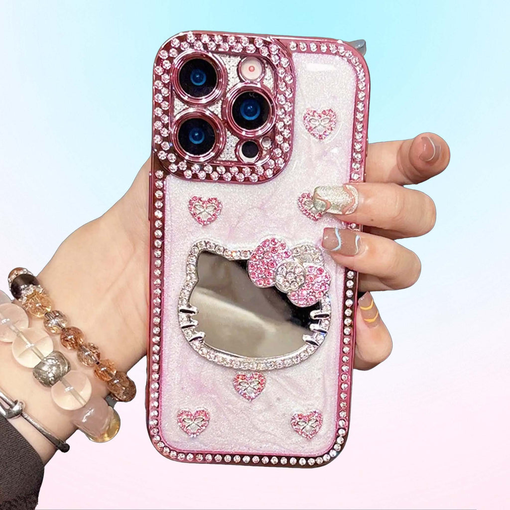 Cute 3D Bow Fashion Case with Crystal and Mini Face Makeup Mirror