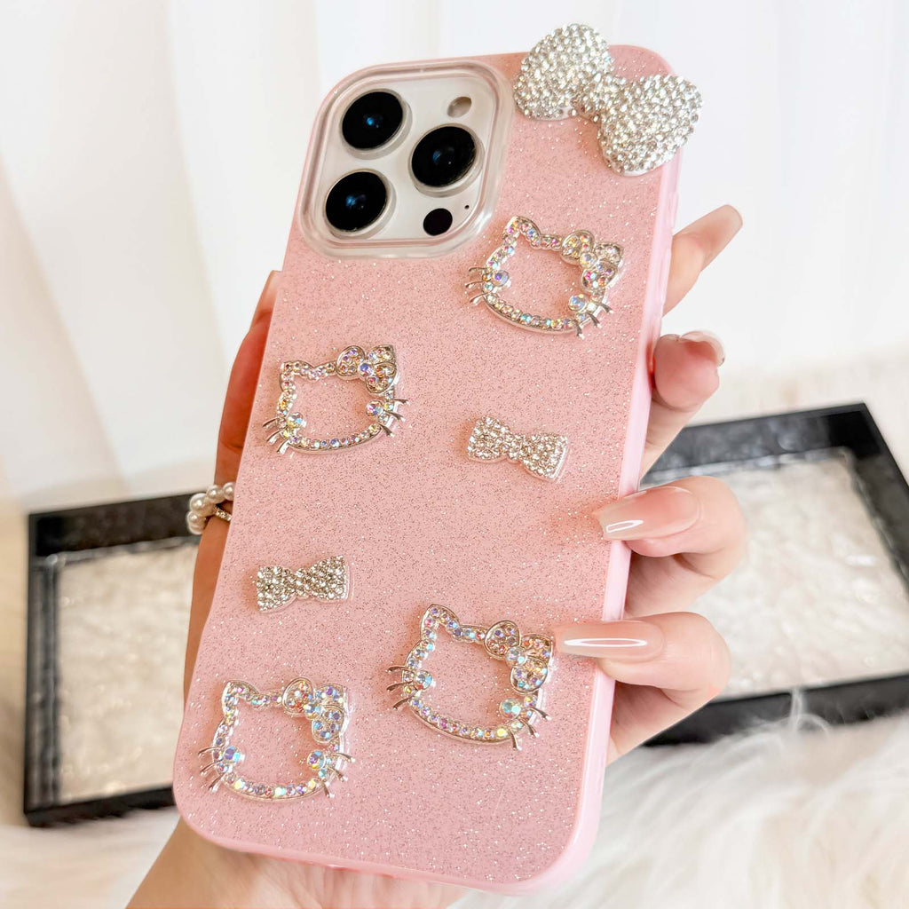 Sparkly 3D Rhinestone Cat Pink Phone Case with Cute Bow
