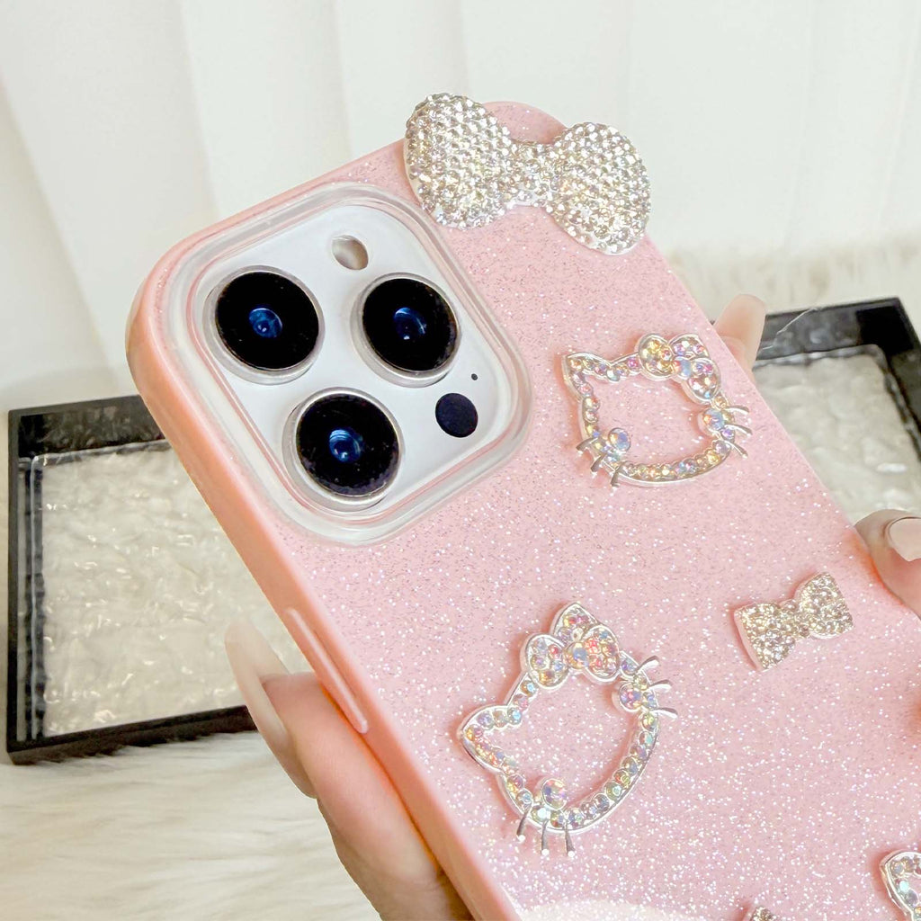 Sparkly 3D Rhinestone Cat Pink Phone Case with Cute Bow