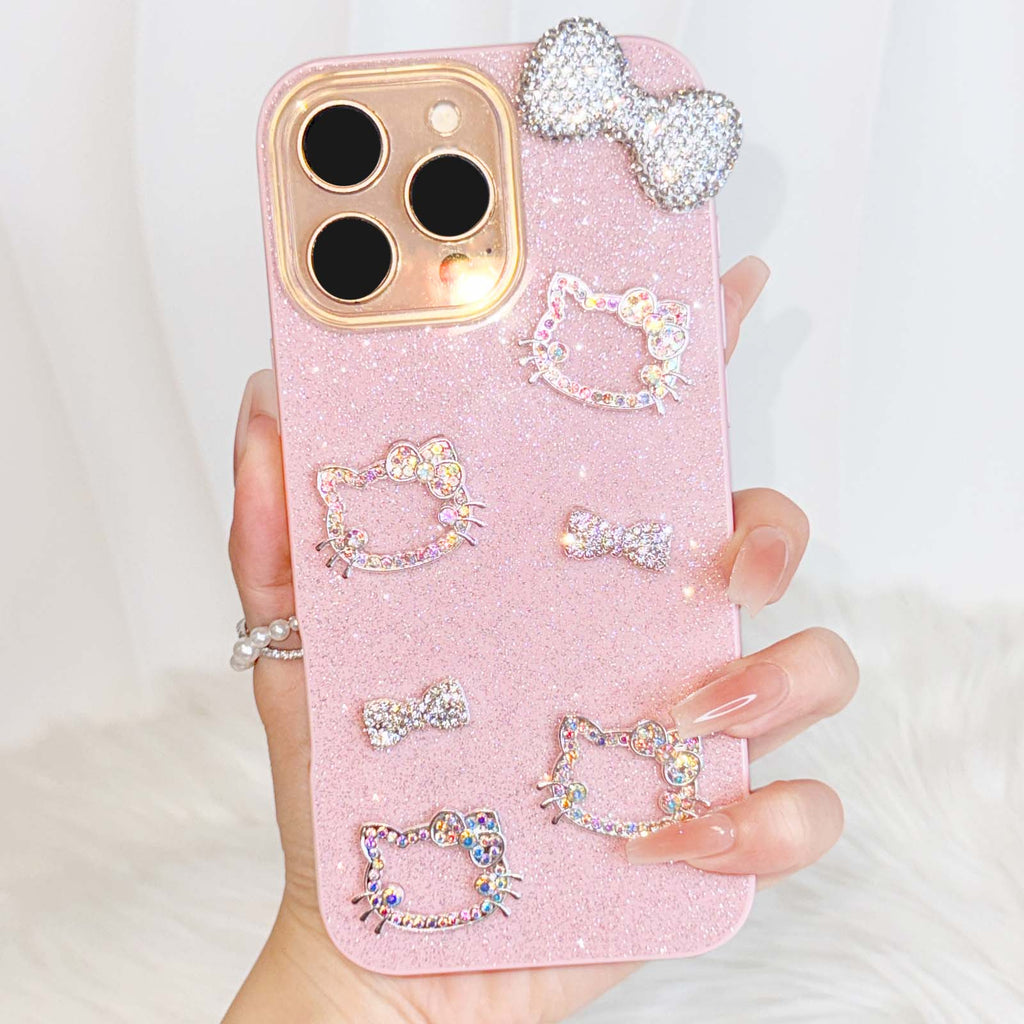 Sparkly 3D Rhinestone Cat Pink Phone Case with Cute Bow